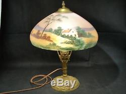 Antique Reverse Painted Lamp Pink Satin Glass Landscape Pittsburgh Art Nouveau