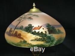 Antique Reverse Painted Lamp Pink Satin Glass Landscape Pittsburgh Art Nouveau