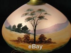 Antique Reverse Painted Lamp Pink Satin Glass Landscape Pittsburgh Art Nouveau