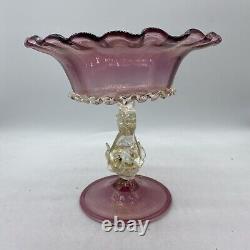 Antique Salviati Murano Pink Art Glass Compote with Gold Fume Koi Fish 7 READ