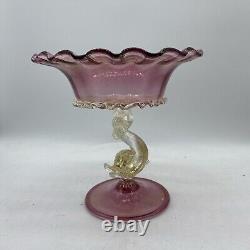 Antique Salviati Murano Pink Art Glass Compote with Gold Fume Koi Fish 7 READ