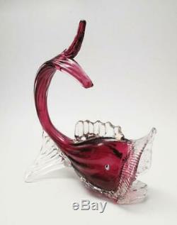 Antique Salviati Venetian Italian Murano Cranberry Pink Art Glass Fish Dolphin