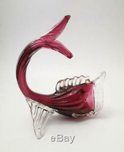 Antique Salviati Venetian Italian Murano Cranberry Pink Art Glass Fish Dolphin