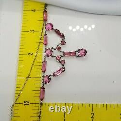 Antique Sterling Art Deco Pink Ice Crystal Glass Open Back Bezel Set Necklace