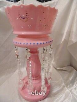 Antique VICTORIAN Enamel Painted Cased PINK GLASS MANTEL LUSTER 8 Crystal Prism