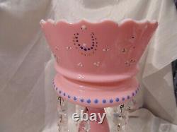 Antique VICTORIAN Enamel Painted Cased PINK GLASS MANTEL LUSTER 8 Crystal Prism