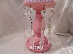 Antique VICTORIAN Enamel Painted Cased PINK GLASS MANTEL LUSTER 8 Crystal Prism