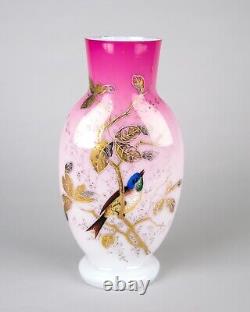Antique Victorian Art Glass English Bohemian Pink Cased Glass Enamel Bird Vase