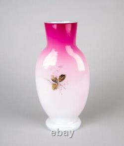 Antique Victorian Art Glass English Bohemian Pink Cased Glass Enamel Bird Vase
