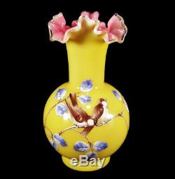 Antique Victorian Art Glass Vase Ruffled Enameled Birds Decoration Yellow Pink