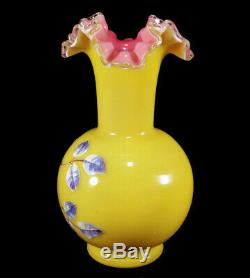 Antique Victorian Art Glass Vase Ruffled Enameled Birds Decoration Yellow Pink