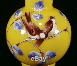 Antique Victorian Art Glass Vase Ruffled Enameled Birds Decoration Yellow Pink