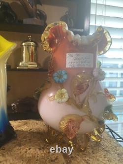 Antique Victorian Art Glass Vase With Pink Crumpled Top And Footed