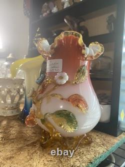 Antique Victorian Art Glass Vase With Pink Crumpled Top And Footed