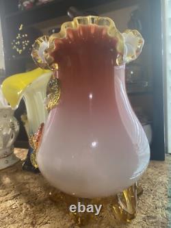 Antique Victorian Art Glass Vase With Pink Crumpled Top And Footed