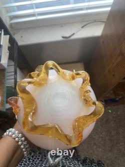 Antique Victorian Art Glass Vase With Pink Crumpled Top And Footed