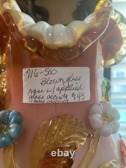 Antique Victorian Art Glass Vase With Pink Crumpled Top And Footed