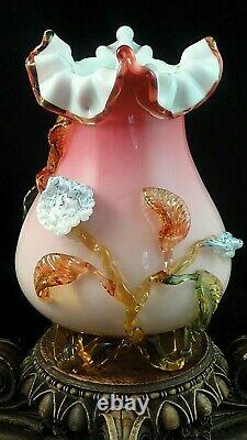 Antique Victorian Bohemian Harrach Cased Pink Applied Blue Flower Art Glass Vase