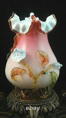 Antique Victorian Bohemian Harrach Cased Pink Applied Blue Flower Art Glass Vase