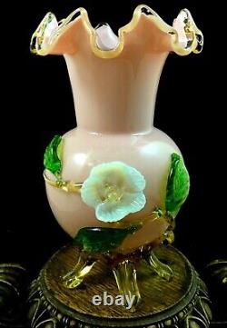 Antique Victorian Bohemian Harrach Pink Art Glass Vase Applied Opalescent Flower