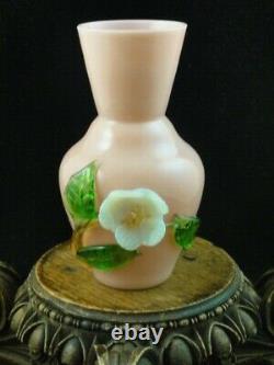 Antique Victorian Bohemian Harrach Pink Art Glass Vase Applied Opalescent Flower