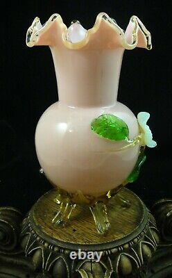 Antique Victorian Bohemian Harrach Pink Art Glass Vase Applied Opalescent Flower