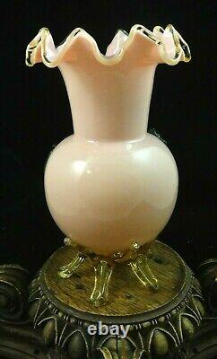 Antique Victorian Bohemian Harrach Pink Art Glass Vase Applied Opalescent Flower