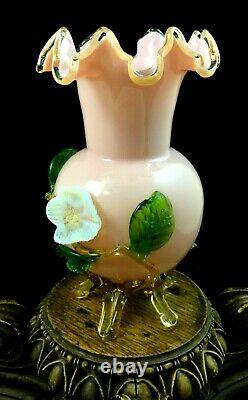 Antique Victorian Bohemian Harrach Pink Art Glass Vase Applied Opalescent Flower