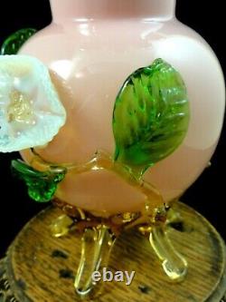 Antique Victorian Bohemian Harrach Pink Art Glass Vase Applied Opalescent Flower