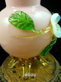 Antique Victorian Bohemian Harrach Pink Art Glass Vase Applied Opalescent Flower