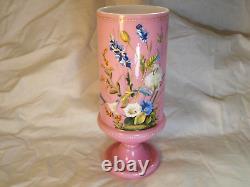 Antique Victorian Bristol Pink Glass Vase Beautiful Hand Painted Enamel Flowers