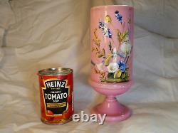Antique Victorian Bristol Pink Glass Vase Beautiful Hand Painted Enamel Flowers