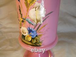 Antique Victorian Bristol Pink Glass Vase Beautiful Hand Painted Enamel Flowers