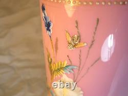 Antique Victorian Bristol Pink Glass Vase Beautiful Hand Painted Enamel Flowers