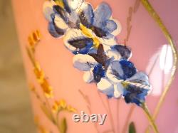 Antique Victorian Bristol Pink Glass Vase Beautiful Hand Painted Enamel Flowers