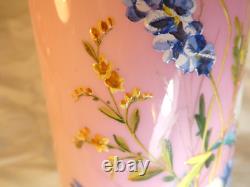 Antique Victorian Bristol Pink Glass Vase Beautiful Hand Painted Enamel Flowers
