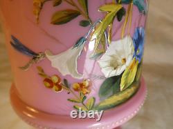 Antique Victorian Bristol Pink Glass Vase Beautiful Hand Painted Enamel Flowers