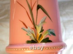 Antique Victorian Bristol Pink Glass Vase Beautiful Hand Painted Enamel Flowers
