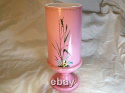 Antique Victorian Bristol Pink Glass Vase Beautiful Hand Painted Enamel Flowers