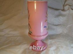 Antique Victorian Bristol Pink Glass Vase Beautiful Hand Painted Enamel Flowers