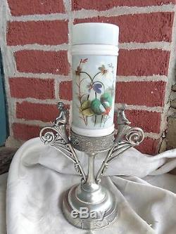 Antique Victorian Cherub Silver Plate Holder Painted Violets Art Glass Vase
