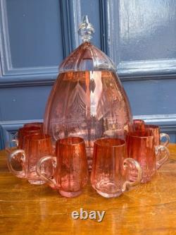 Antique Victorian Cranberry Punch Bowl With Mugs No Ladle