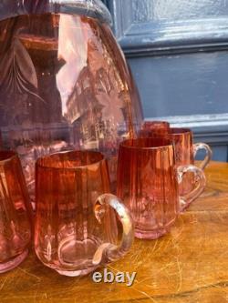 Antique Victorian Cranberry Punch Bowl With Mugs No Ladle