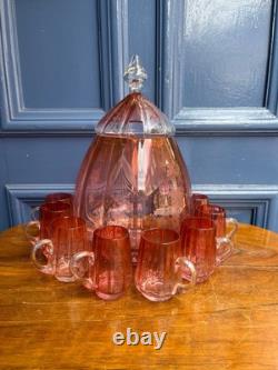 Antique Victorian Cranberry Punch Bowl With Mugs No Ladle