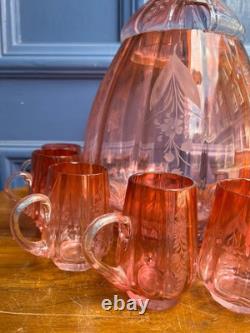 Antique Victorian Cranberry Punch Bowl With Mugs No Ladle