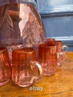 Antique Victorian Cranberry Punch Bowl With Mugs No Ladle