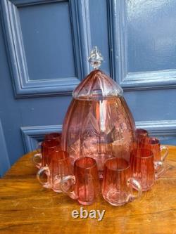 Antique Victorian Cranberry Punch Bowl With Mugs No Ladle