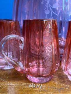 Antique Victorian Cranberry Punch Bowl With Mugs No Ladle