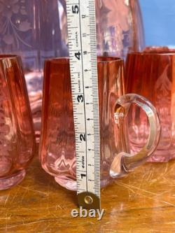 Antique Victorian Cranberry Punch Bowl With Mugs No Ladle
