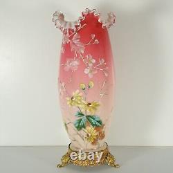 Antique Victorian Enamel Glass Vase Peach Blown Cased Glass Ruffled Rim Ormolu